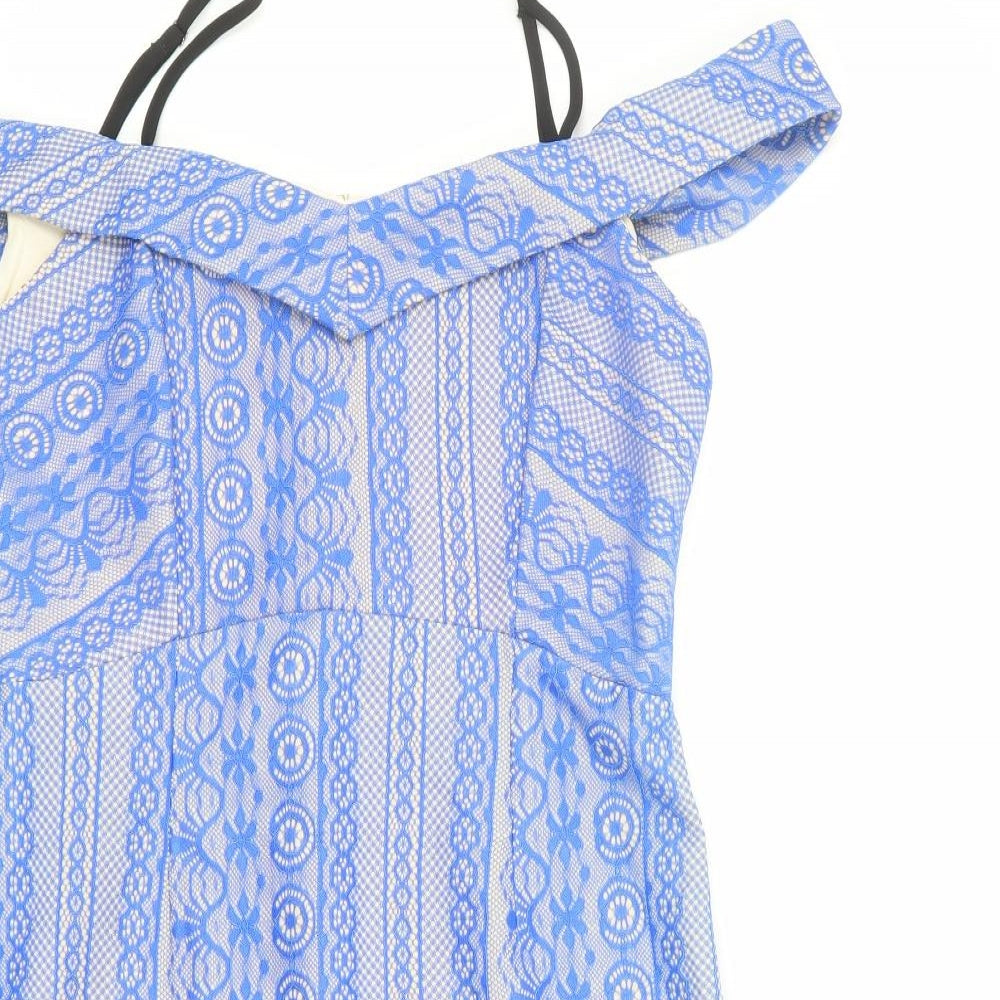 River Island Womens Blue Geometric Nylon Sheath Size 10 Square Neck Zip