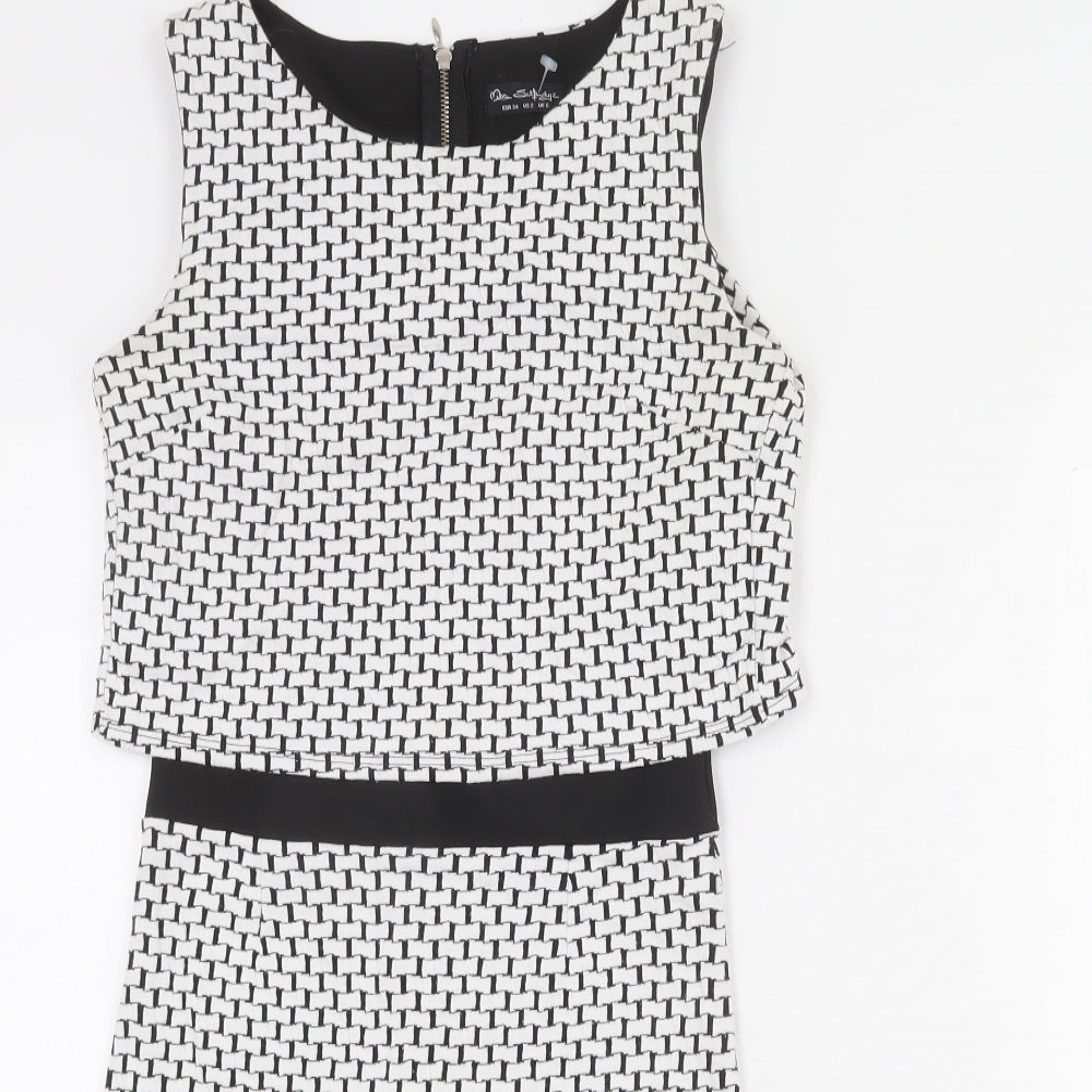 Miss Selfridge Womens White Geometric Cotton Bodycon Size 6 Round Neck Zip - Layered
