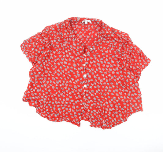 Patrons of Peace Womens Red Geometric Viscose Cropped Button-Up Size S Collared