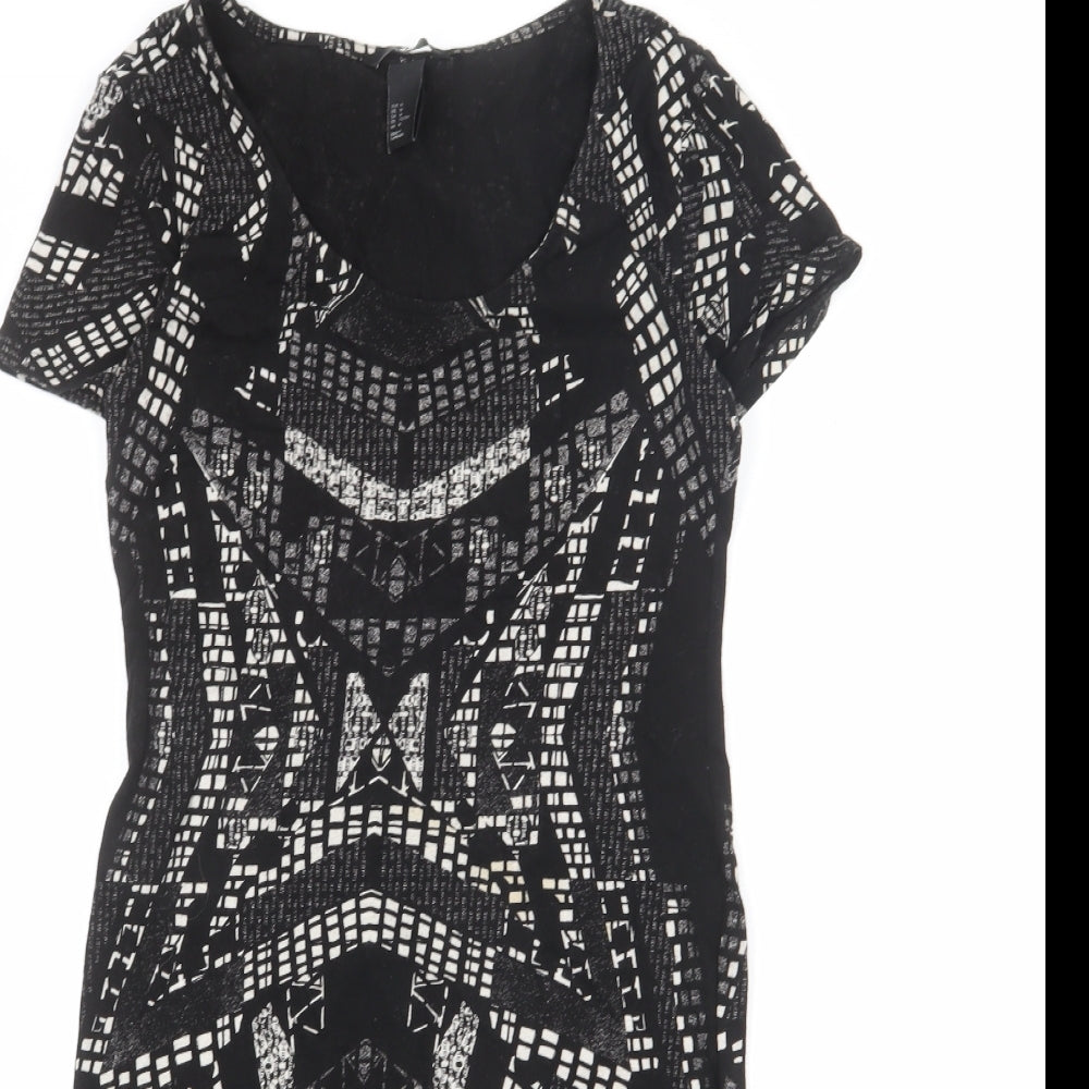 H&M Womens Black Geometric Polyester Bodycon Size M Round Neck Pullover
