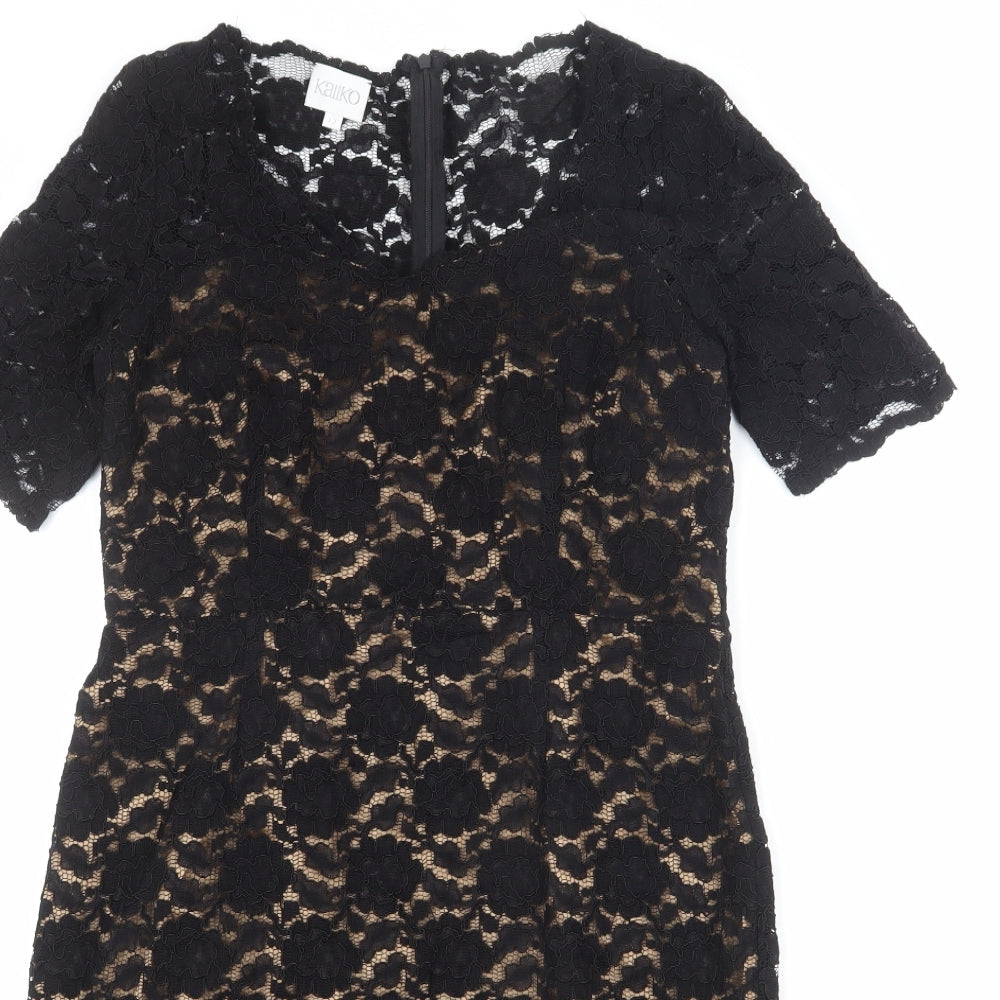 Kaliko Womens Black Floral Polyester Sheath Size 12 V-Neck Zip - Lace Overlay, Slit