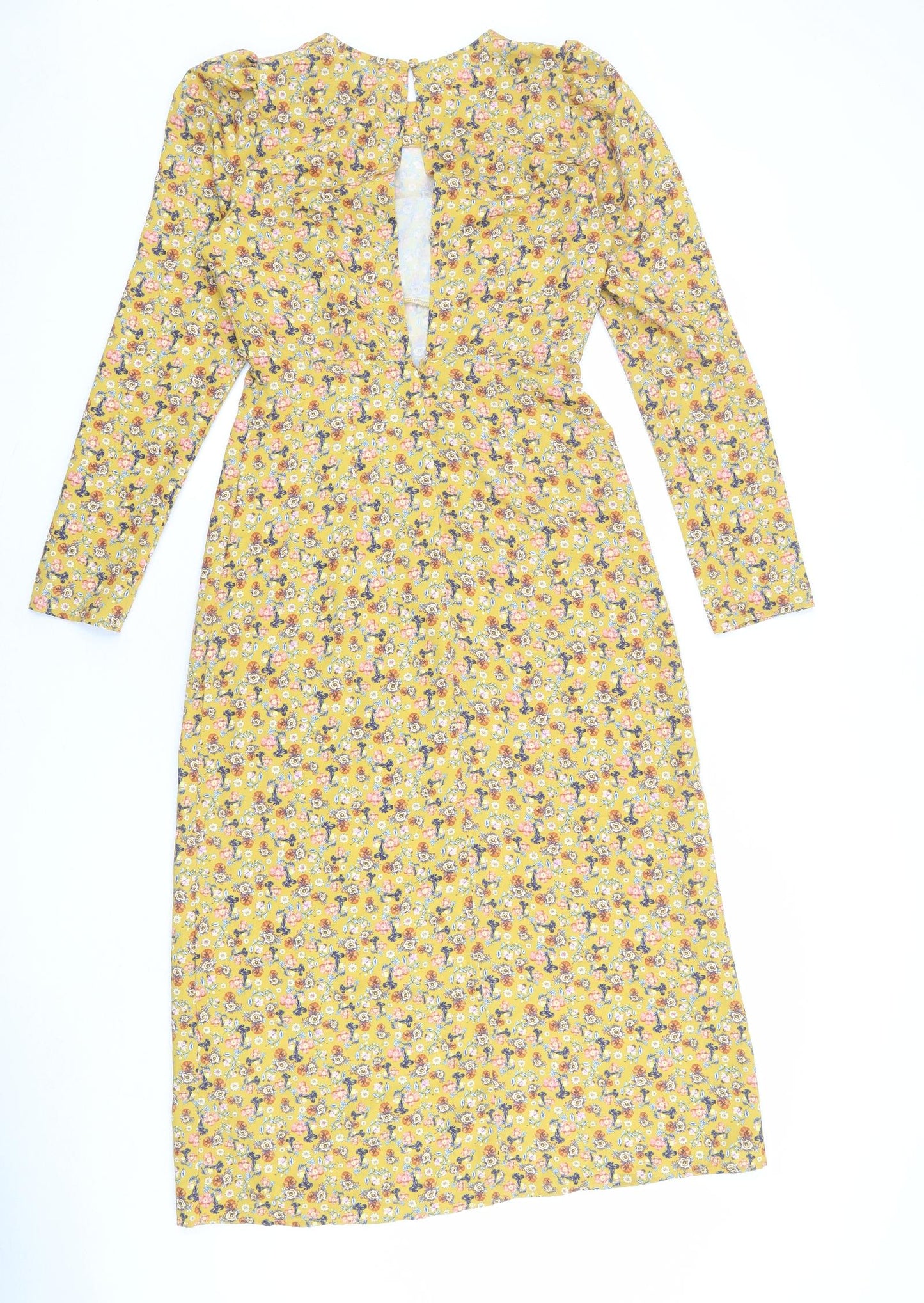 Warehouse Womens Yellow Floral Polyester Sheath Size 8 Round Neck Button