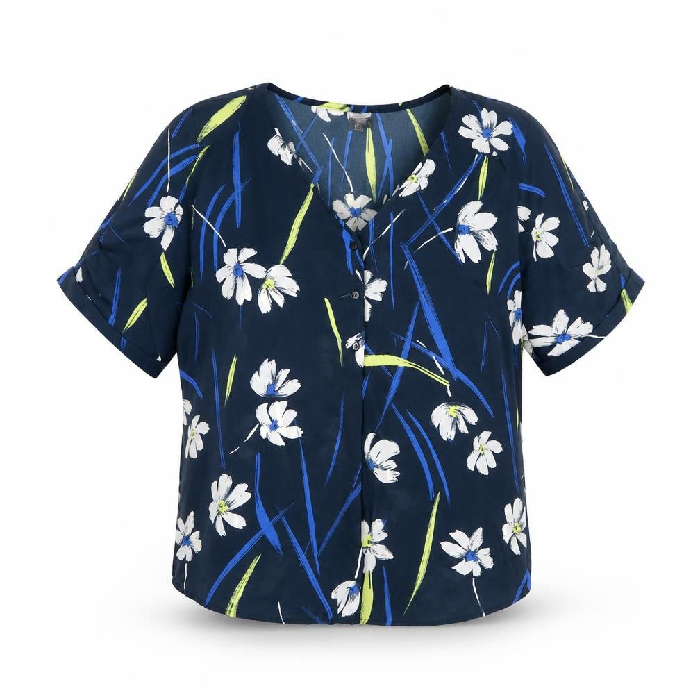 Front view of Jaqueline de Yong women’s blue floral polyester basic blouse, size UK 8, henley - paint flick effect
