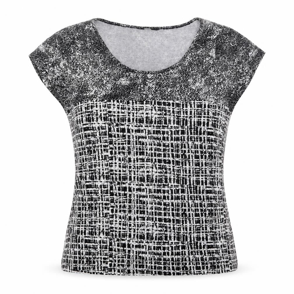 Marks and Spencer Womens Black Geometric Viscose Basic T-Shirt Size 14 Round Neck - Patchwork