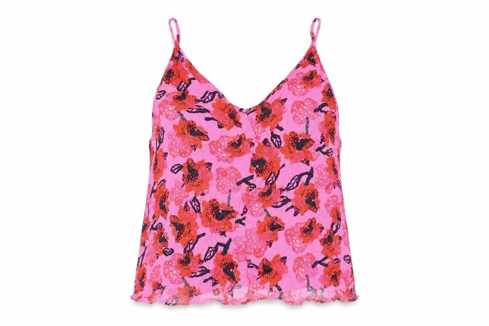 Front view of ASOS women’s pink geometric viscose camisole blouse, size UK 14, v-neck