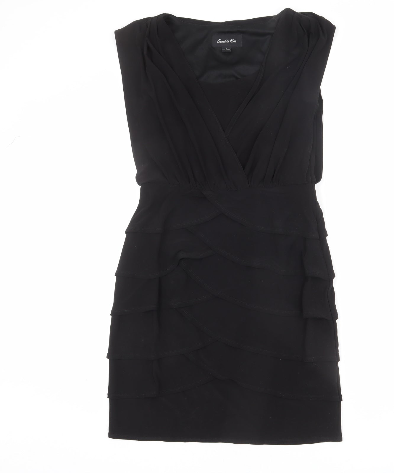 Scarlett Nite Womens Black Polyester Sheath Size 8 Scoop Neck Zip - Tiered, Ruffles