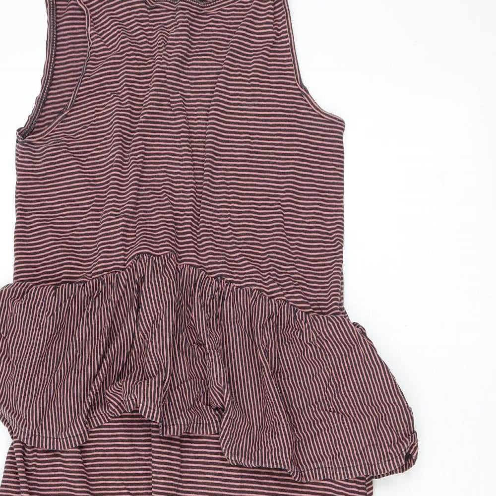 Zara Womens Pink Striped Cotton A-Line Size S Round Neck - Ruffle