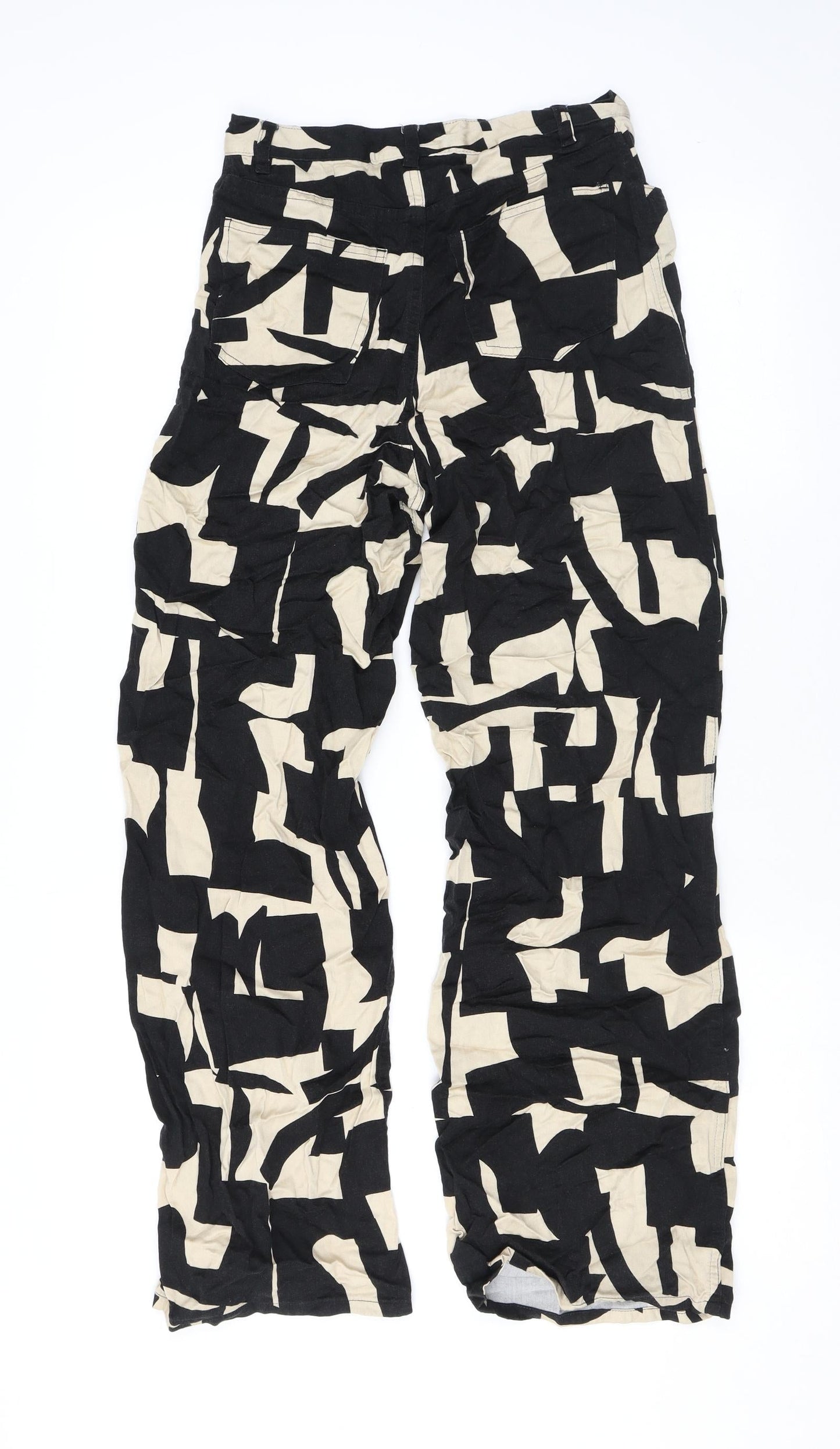 Monki Womens Black Geometric Viscose Trousers Size 6 L29 in Regular Zip