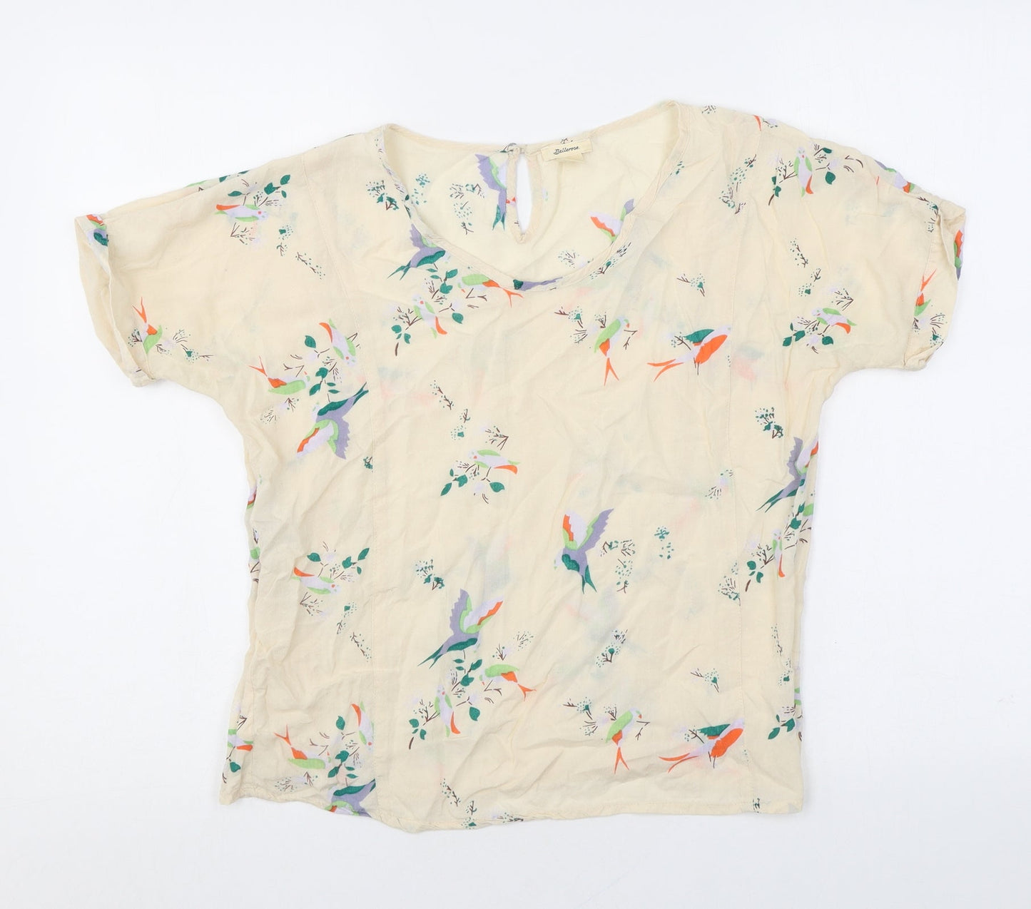 Bellerose Womens Beige Geometric Polyester Basic Blouse Size 14 Round Neck - Birds Flower Pattern