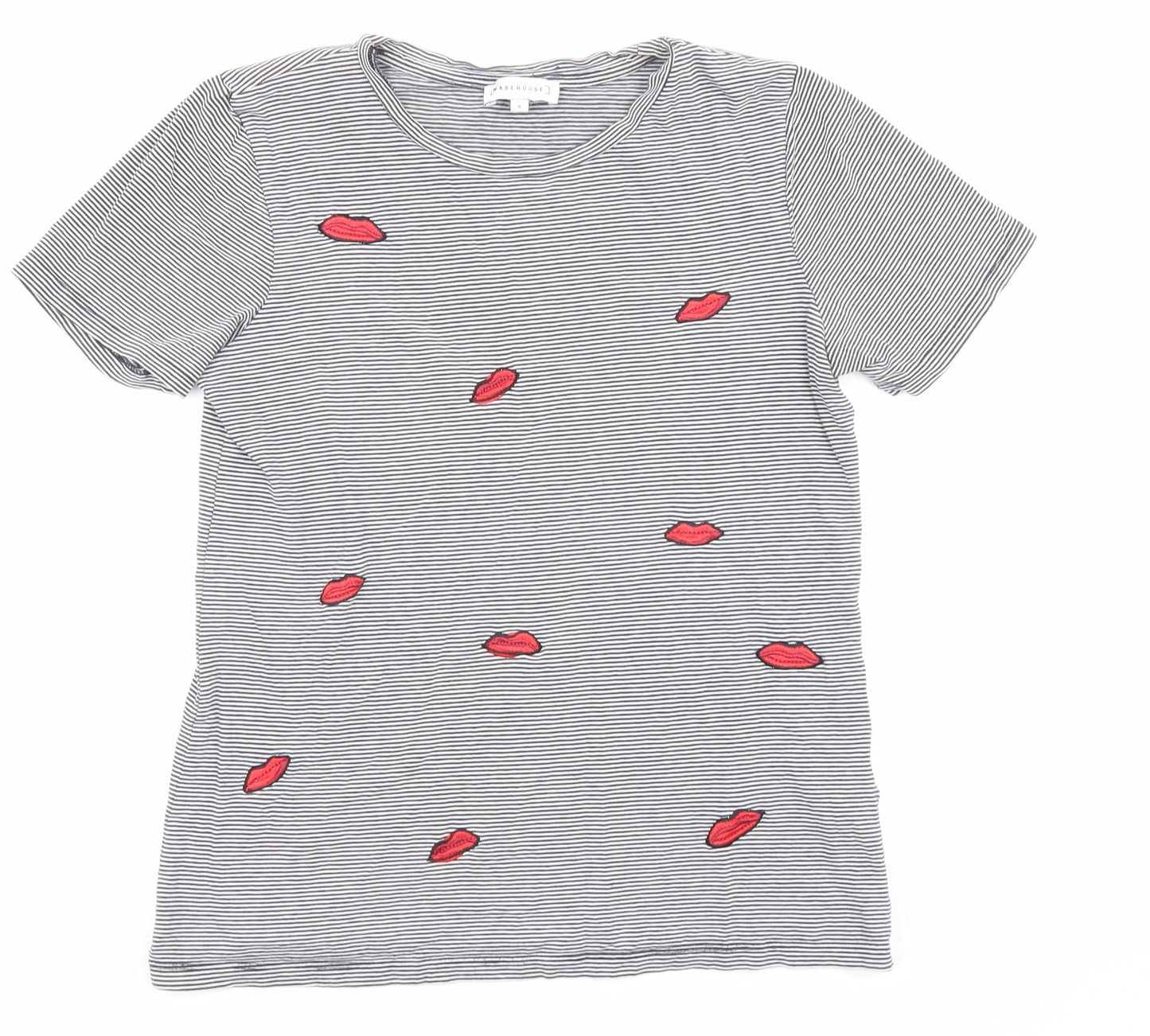 Warehouse Womens Black Striped Cotton Jersey T-Shirt Size 8 Round Neck - Lips