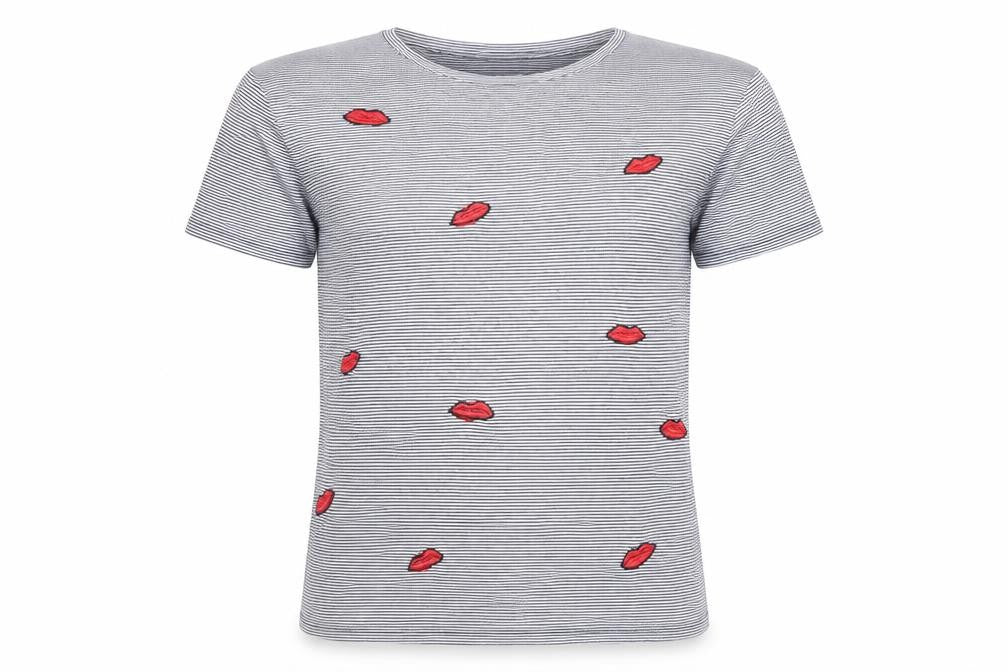 Warehouse Womens Black Striped Cotton Jersey T-Shirt Size 8 Round Neck - Lips
