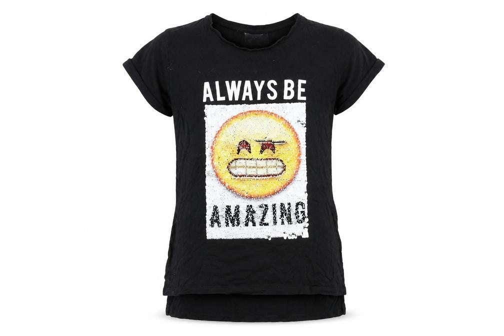 Front view of Bravado girls’ black vinyl basic t-shirt, size 11-12, years round neck pullover - reversible sequins