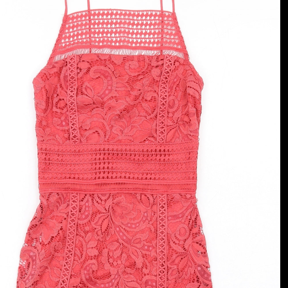 Topshop Womens Red Cotton Bodycon Size 6 Square Neck Zip