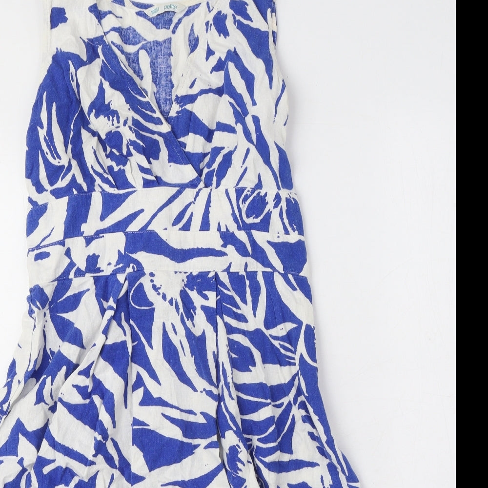 Marks and Spencer Womens Blue Geometric Linen A-Line Size 8 V-Neck Zip