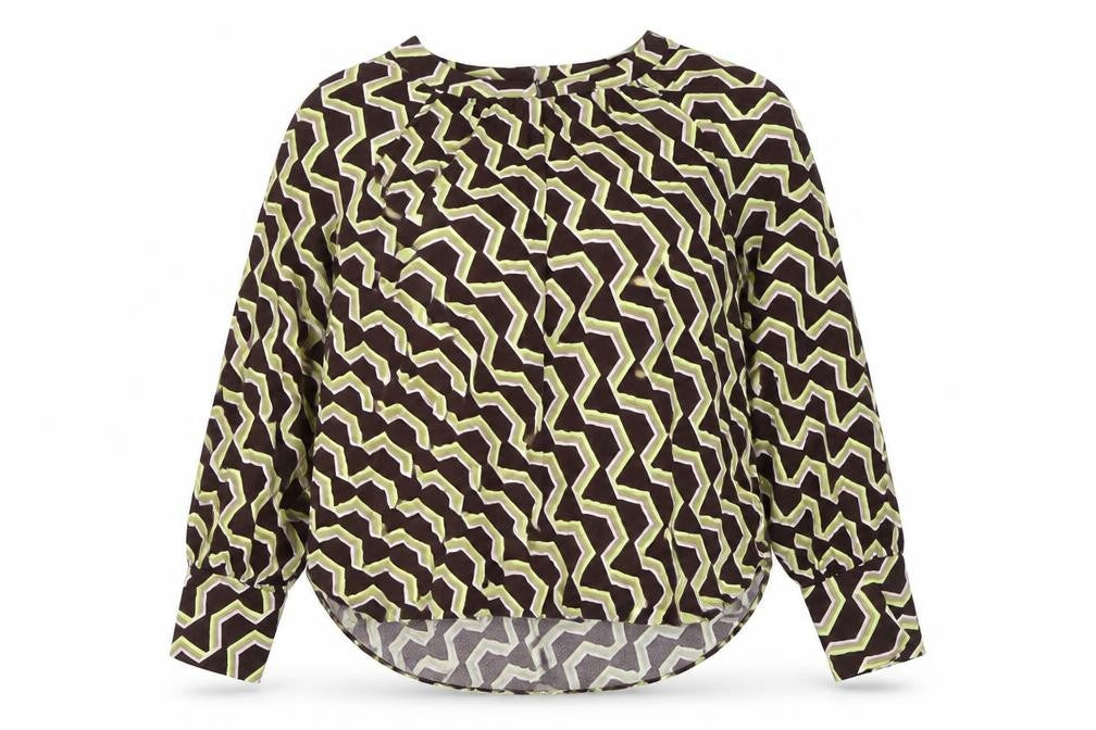 Front view of Autograph women’s brown geometric viscose basic blouse, size UK 14, round neck