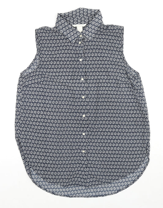 H&M Womens Black Geometric Polyester Basic Button-Up Size 8 Collared