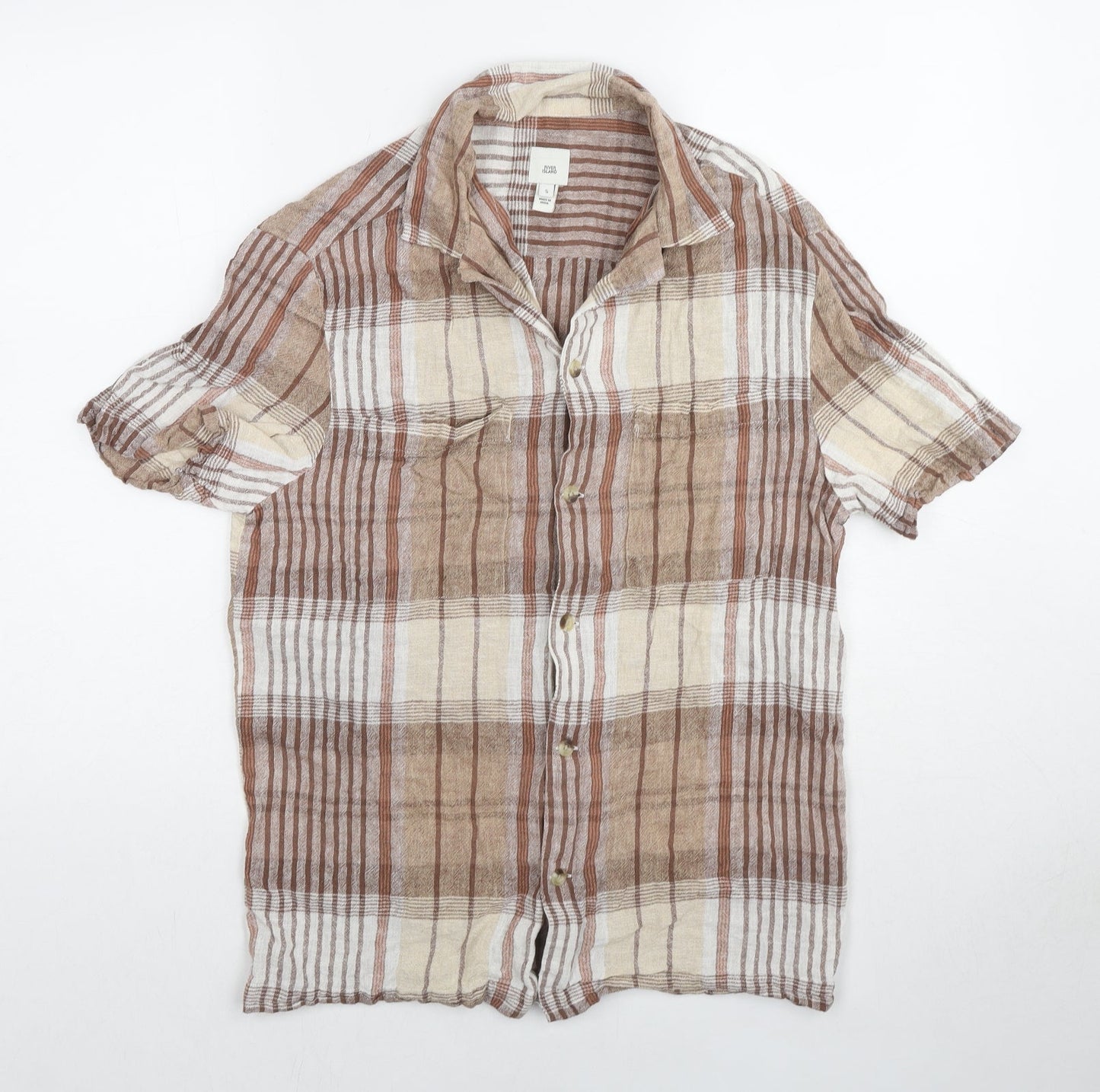 River Island Mens Beige Check Cotton Button-Up Size S Collared Button