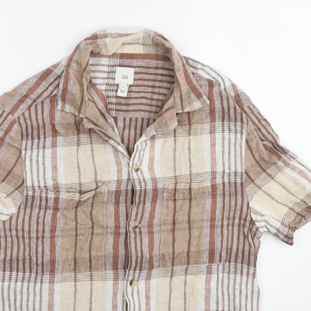 River Island Mens Beige Check Cotton Button-Up Size S Collared Button