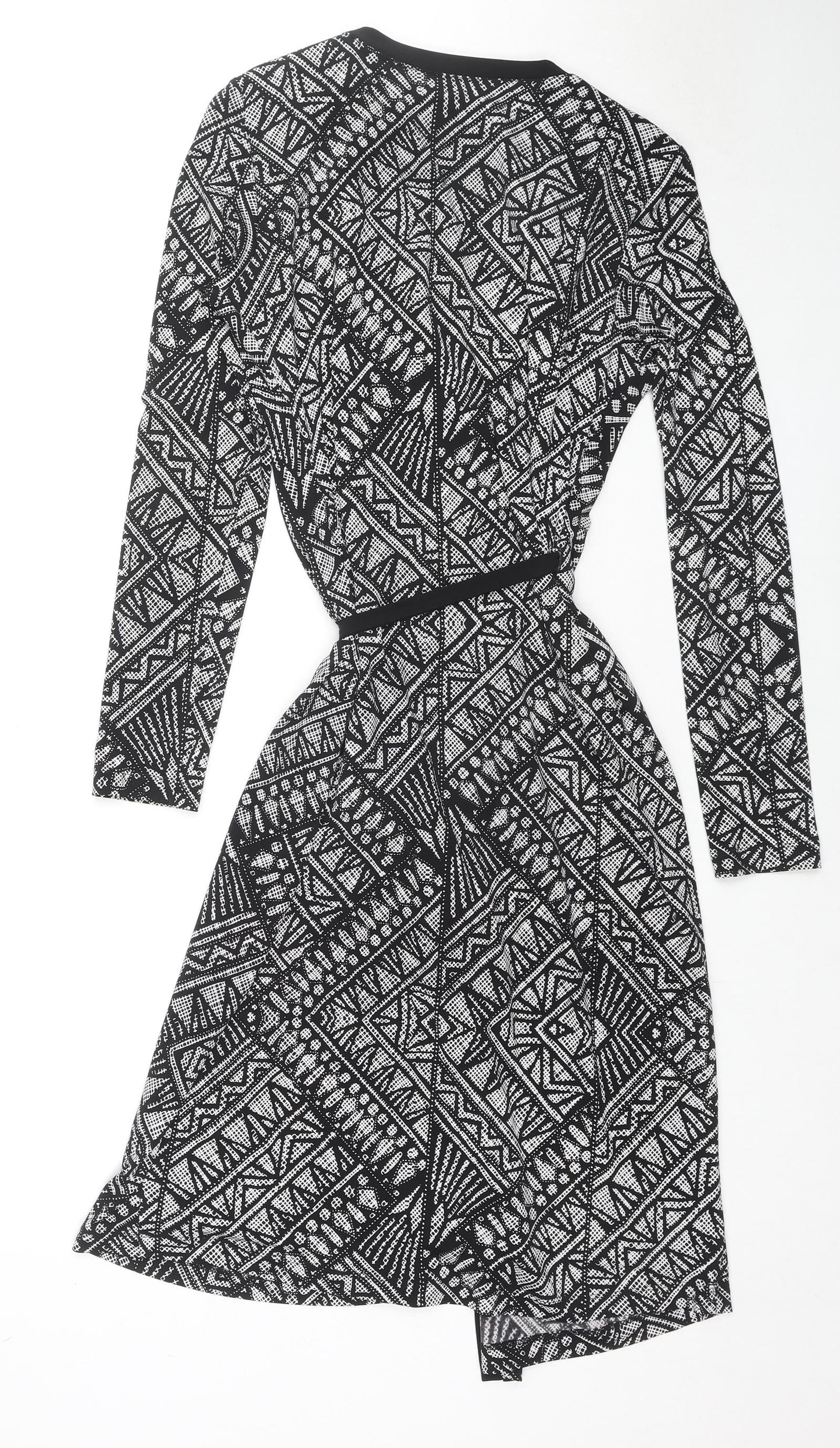 Marks and Spencer Womens Black Geometric Polyester Wrap Dress Size 10 V-Neck Pullover