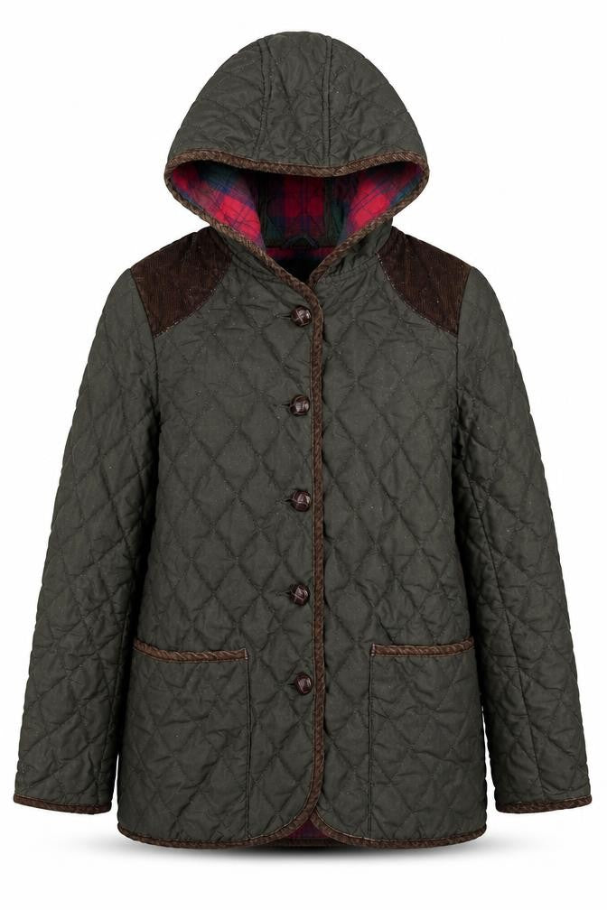 Front view of ASOS women’s green quilted coat, size UK 6, button