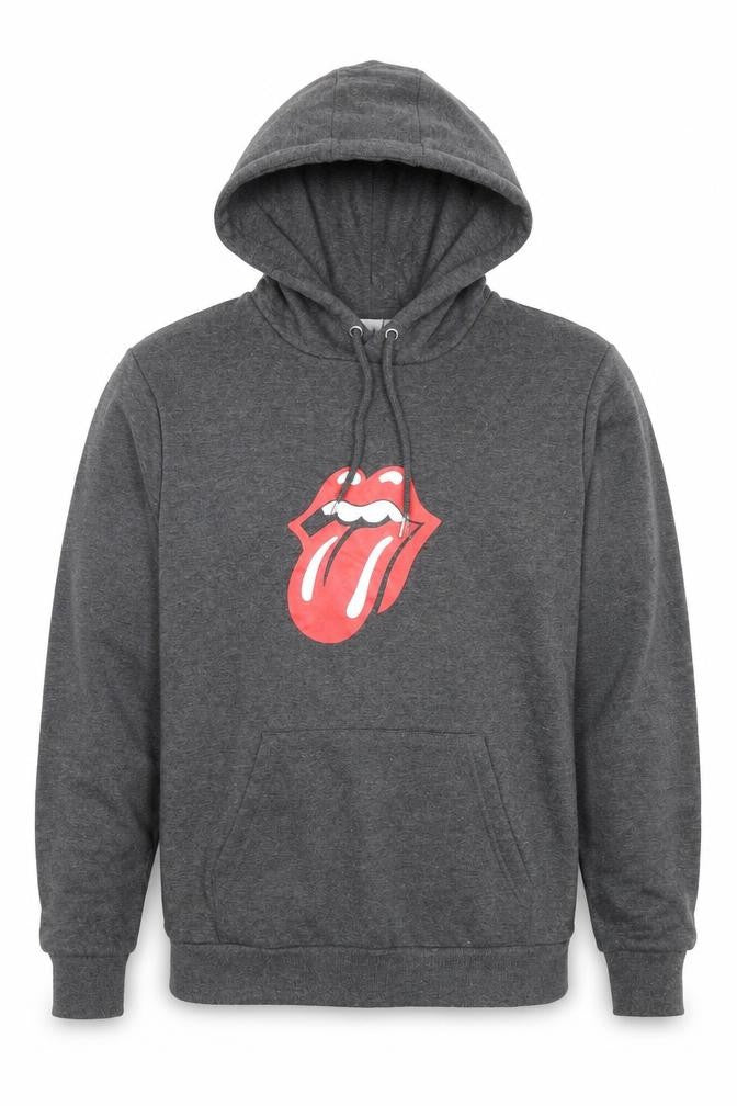Front view of The Rolling Stones men’s grey cotton pullover hoodie, size S, - the rolling stones