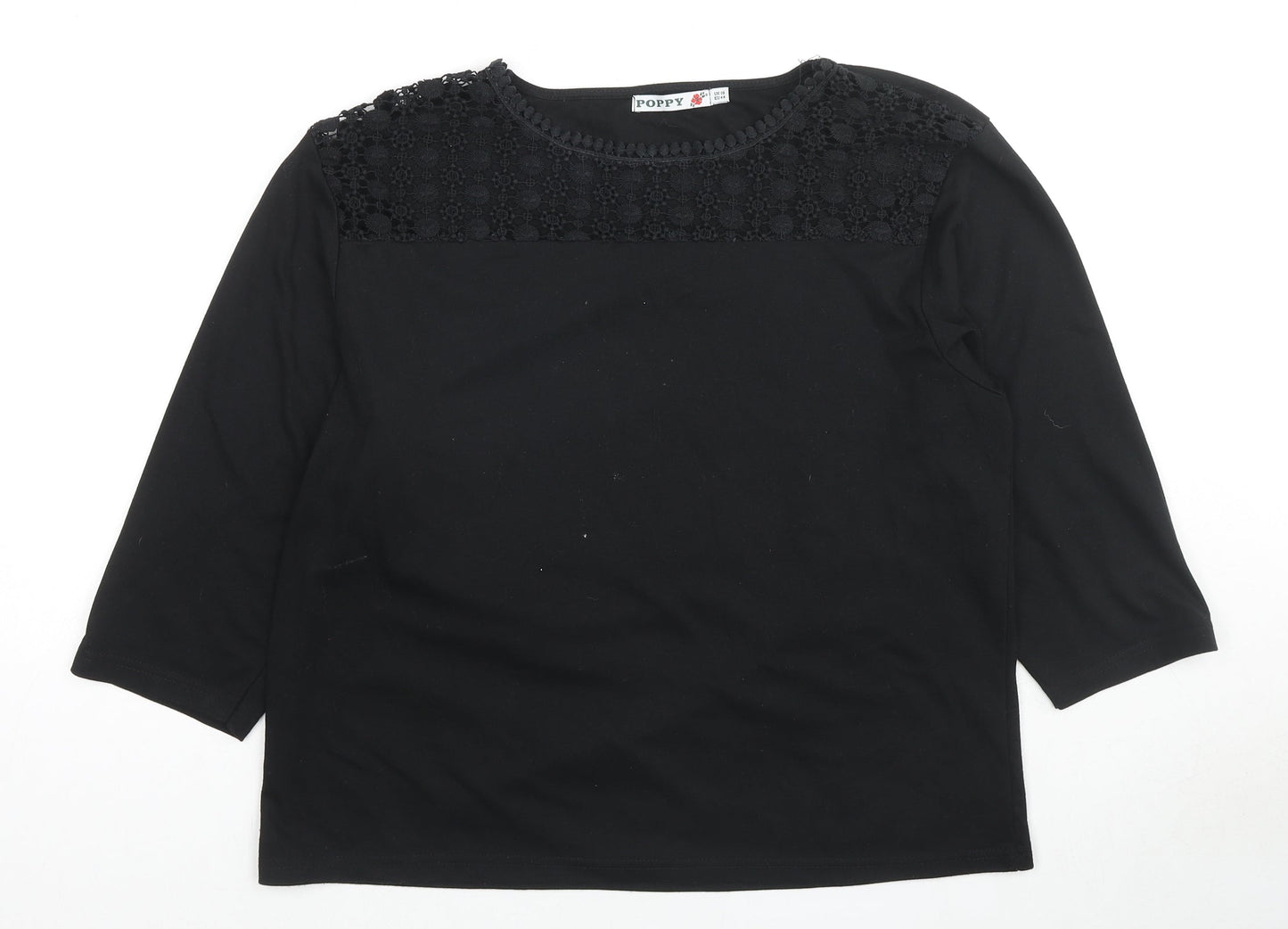 Poppy Womens Black Polyester Basic T-Shirt Size 10 Round Neck - Lace detail