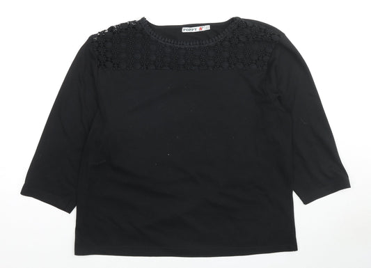 Poppy Womens Black Polyester Basic T-Shirt Size 10 Round Neck - Lace detail