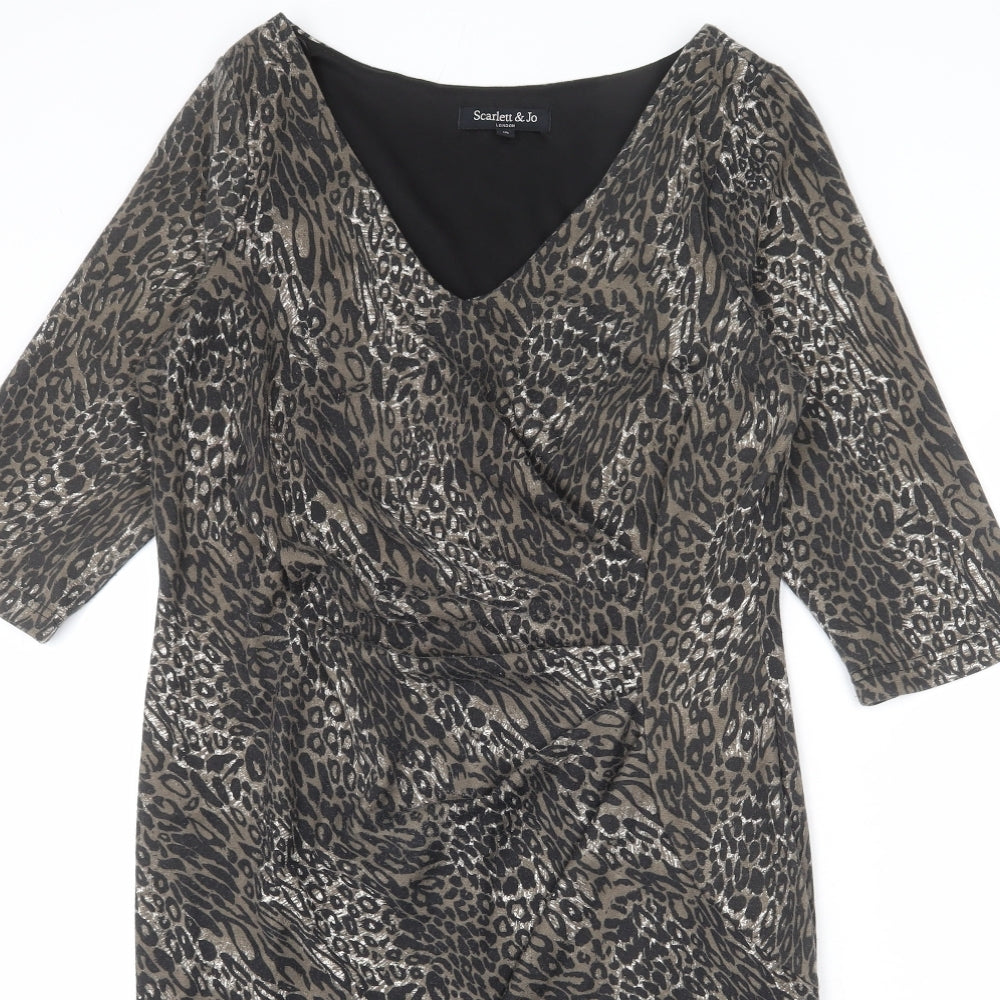 Scarlett & Jo Womens Multicoloured Animal Print Polyester Bodycon Size 16 V-Neck Pullover - Leopard Print