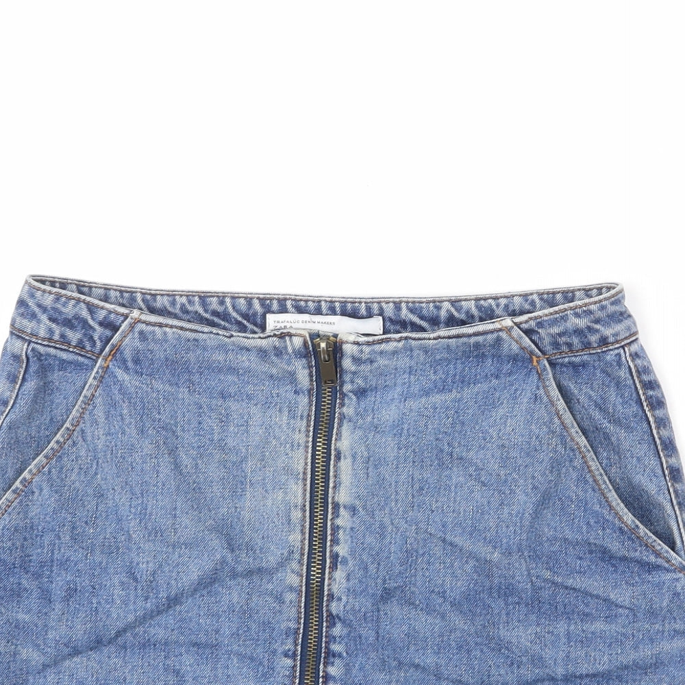 Zara Womens Blue Cotton A-Line Skirt Size S Zip - Mini