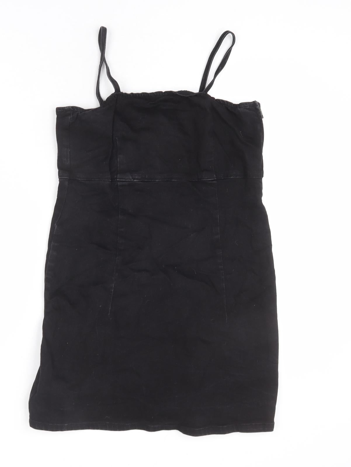 TRF Womens Black Cotton Pinafore/Dungaree Dress Size M Square Neck Zip