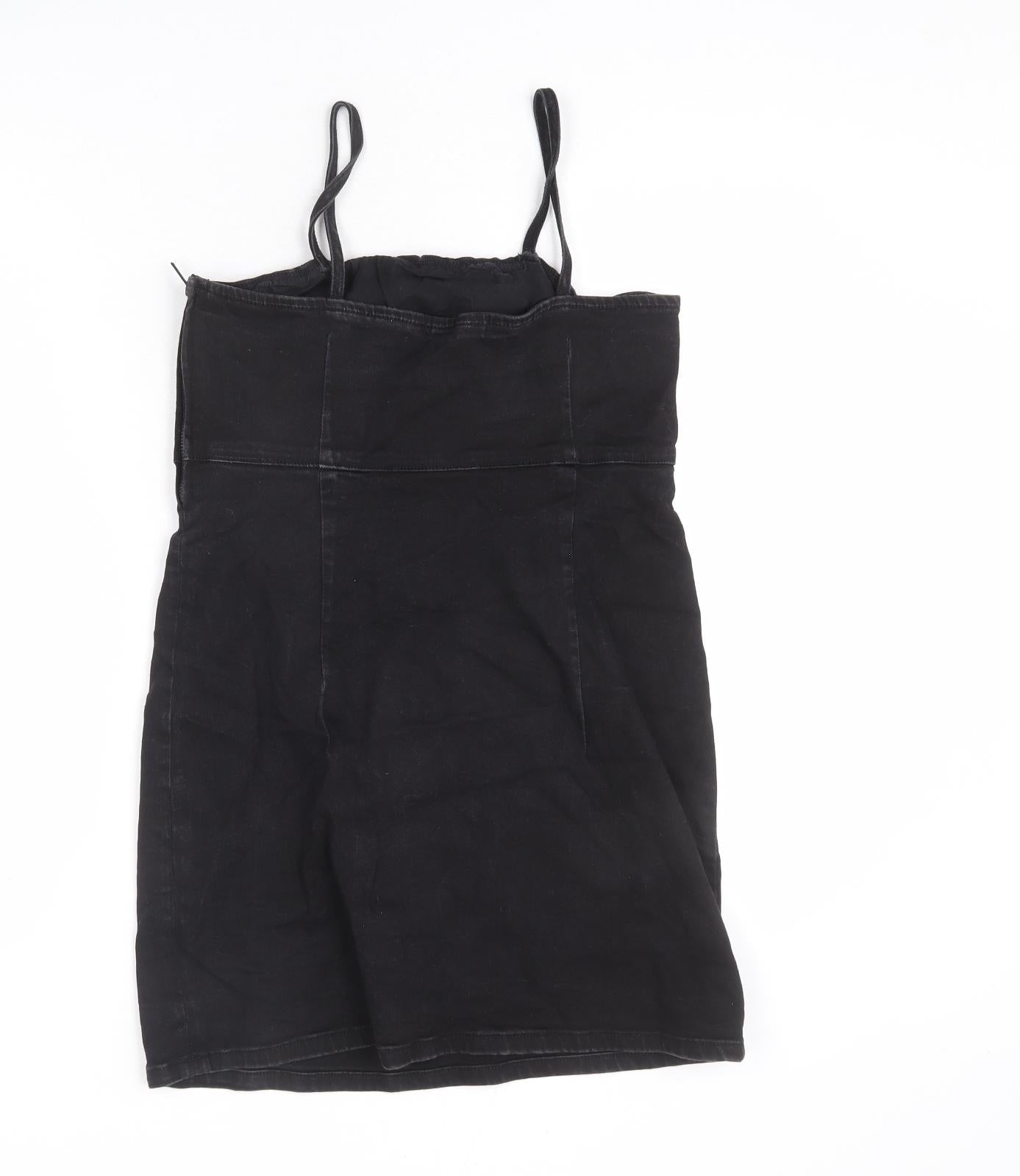 TRF Womens Black Cotton Pinafore/Dungaree Dress Size M Square Neck Zip