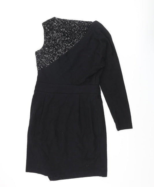Project D Womens Black Wool Pencil Dress Size 12 One Shoulder Zip - Sequin Pleated
