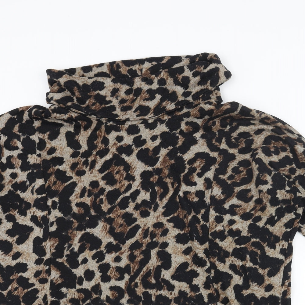 Klass Womens Beige Roll Neck Animal Print Polyester Pullover Jumper Size S - Leopard Print Pockets