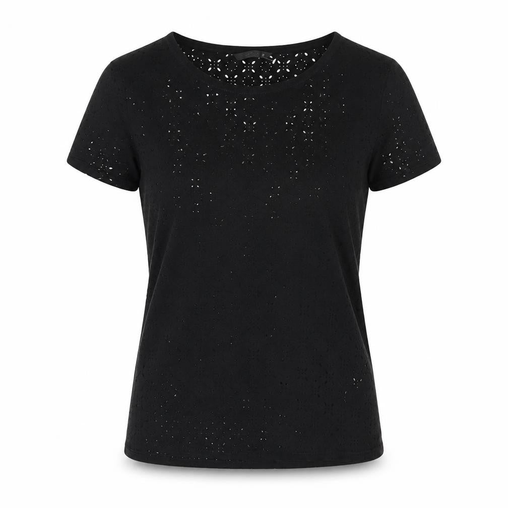 Front view of Only women’s black geometric polyester basic t-shirt, size UK 8, round neck - cut out