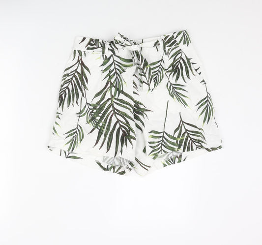 Carolina Belle Womens White Geometric Viscose Paperbag Shorts Size XS L3 in Regular Pull On - Leaf Print Belted