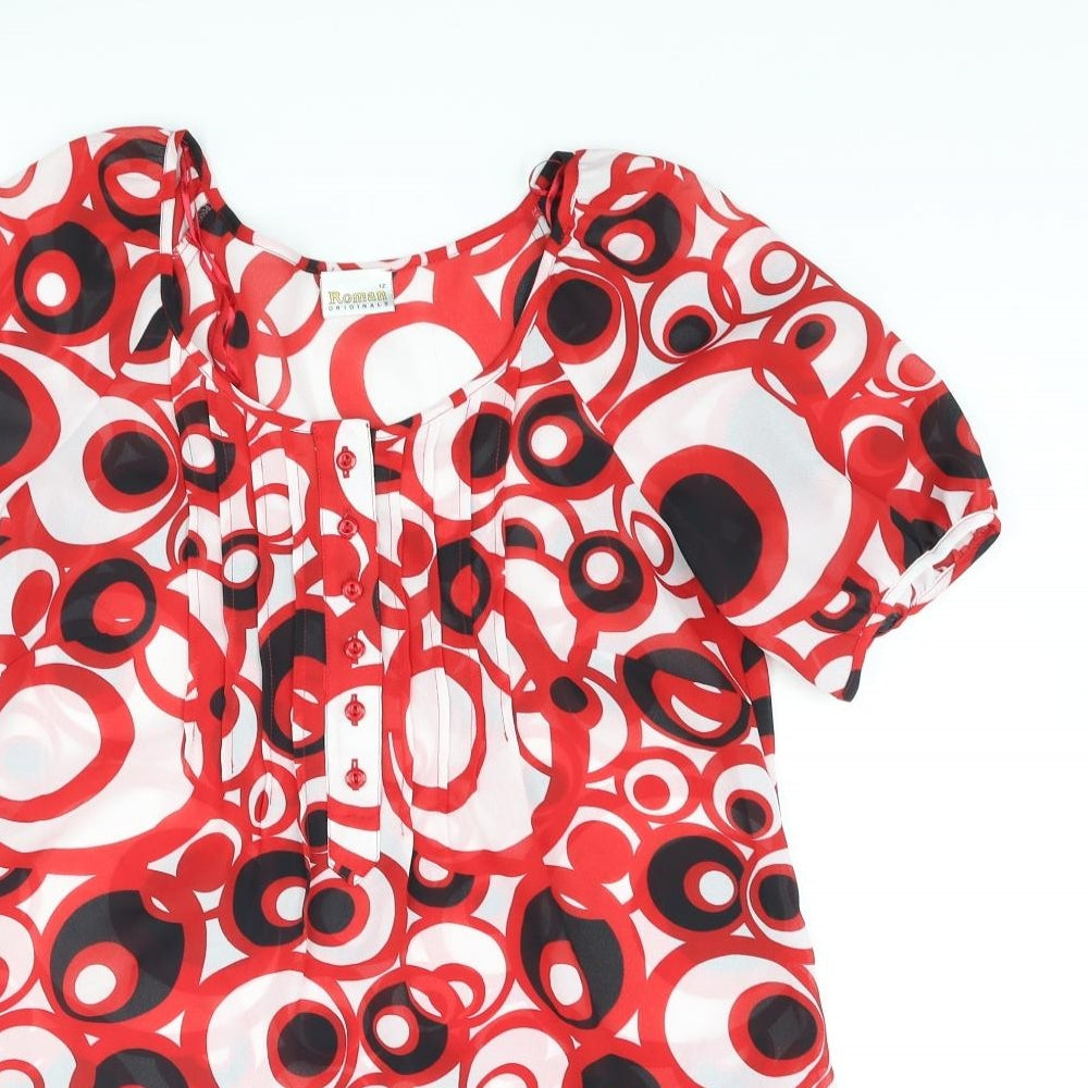 Roman Womens Red Geometric Polyester Tunic Blouse Size 12 Collared - Side Slits
