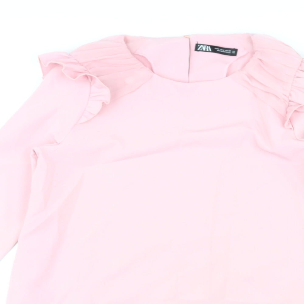 Zara Womens Pink Polyester Shift Size M Round Neck Button - Pleated Sleeves and Hem
