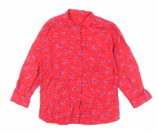 St Michael Womens Red Geometric Cotton Basic Button-Up Size 16 Collared