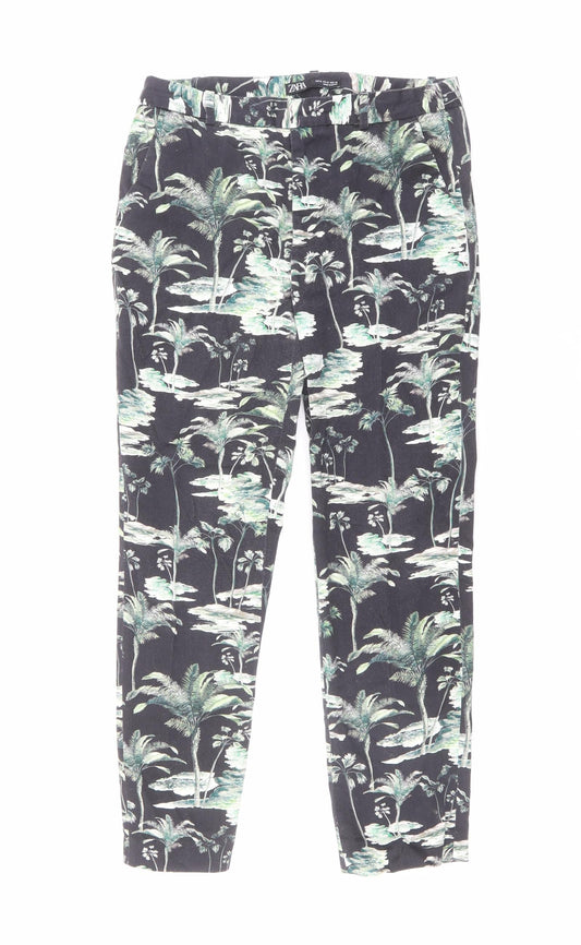 Zara Womens Black Geometric Polyester Trousers Size M L26 in Regular Zip - Tree Print