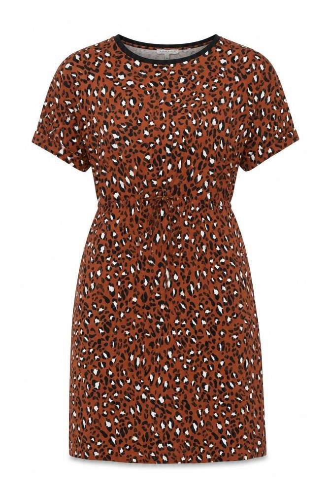 Warehouse Womens Brown Animal Print Viscose T-Shirt Dress Size 8 Round Neck Pullover - Leopard Print, Tie