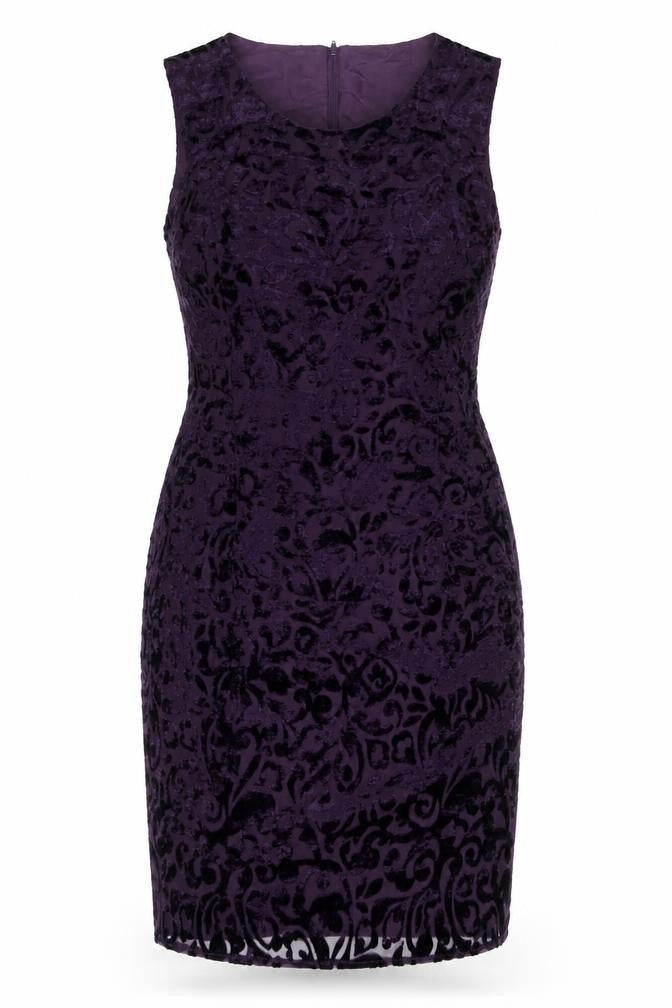 Front view of Kaleidoscope women’s purple paisley viscose pencil dress, size UK 12, scoop neck zip