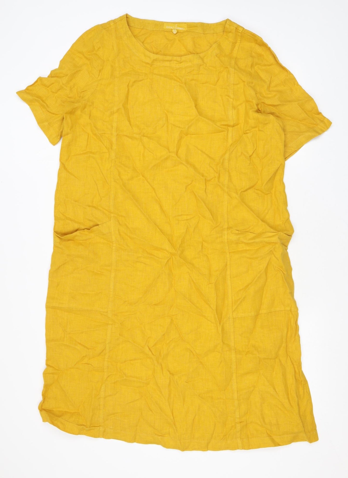 Seasalt Womens Yellow Linen T-Shirt Dress Size 14 Round Neck Pullover - Pockets