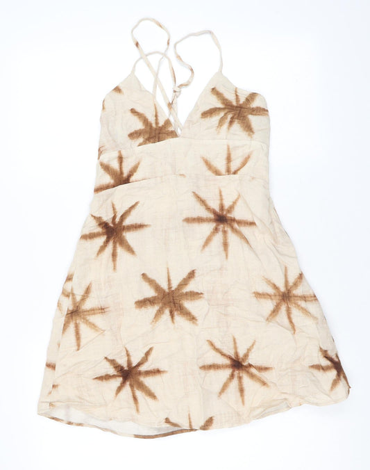 Pull&Bear Womens Beige Geometric Viscose Camisole T-Shirt Size M V-Neck