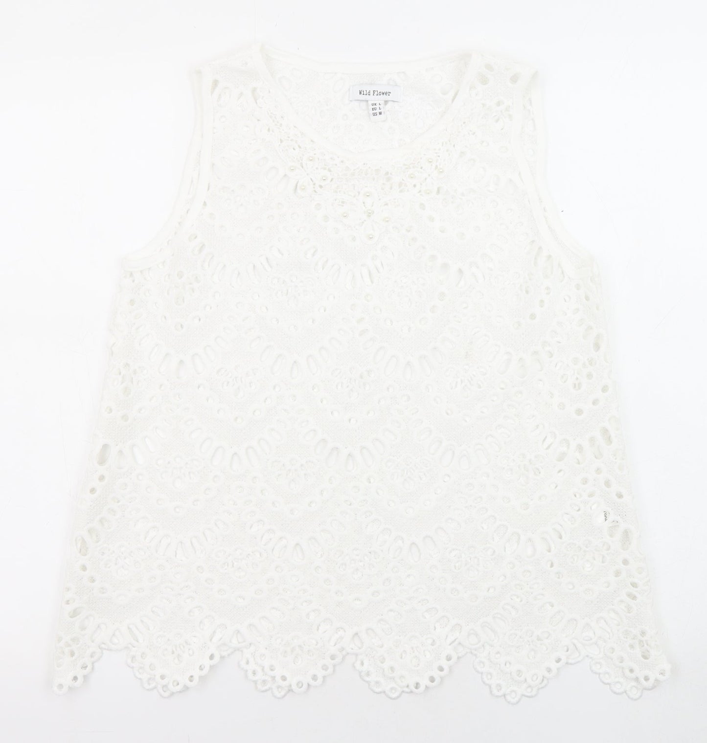 Wild Flower Womens White Polyester Basic Blouse Size L Crew Neck - Gemstones