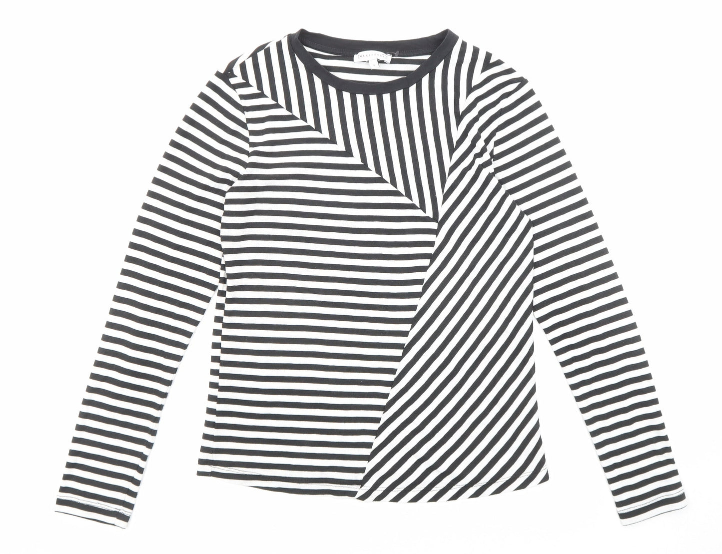Warehouse Womens Black Striped Polyester Basic T-Shirt Size 8 Round Neck