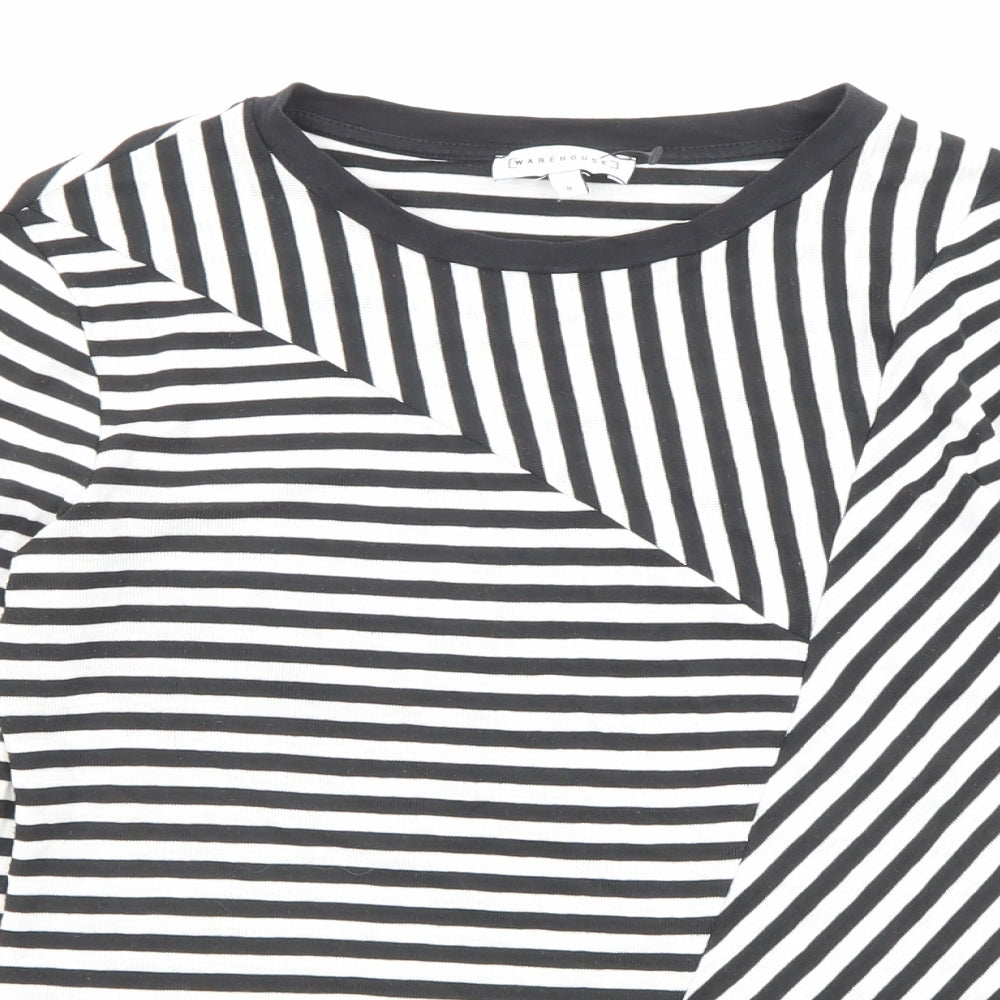 Warehouse Womens Black Striped Polyester Basic T-Shirt Size 8 Round Neck