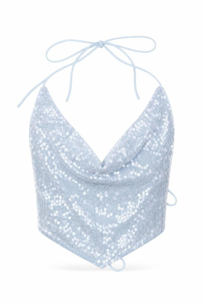 Front view of ASOS women’s blue polyester cropped blouse, size UK 10, cowl neck - backless, sequin