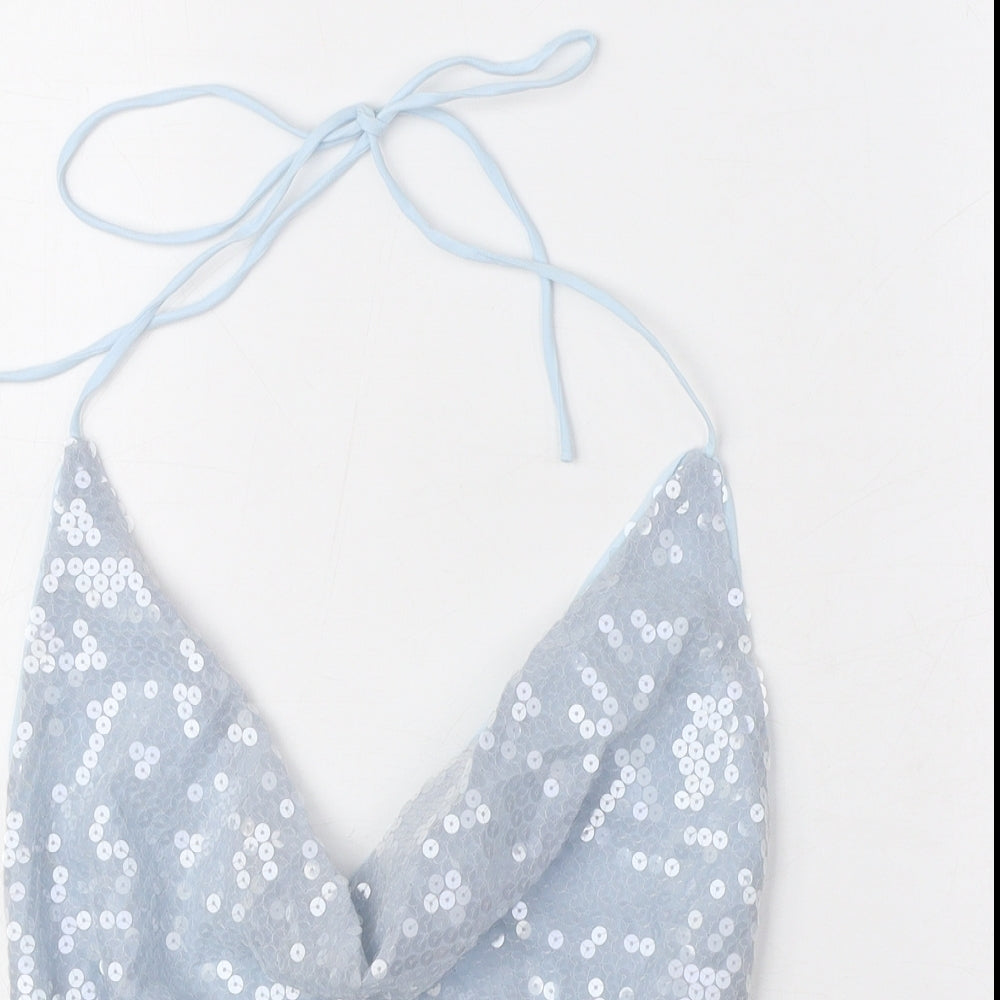 ASOS Womens Blue Polyester Cropped Blouse Size 10 Cowl Neck - Backless, Sequin