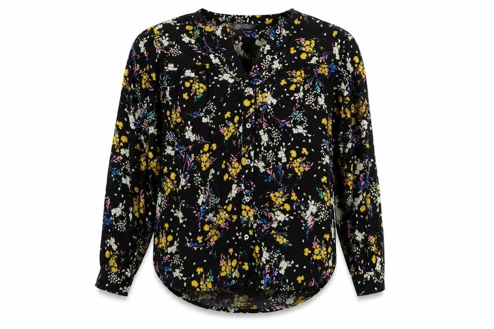 Marks and Spencer Womens Black Floral Viscose Basic Button-Up Size 12 Round Neck