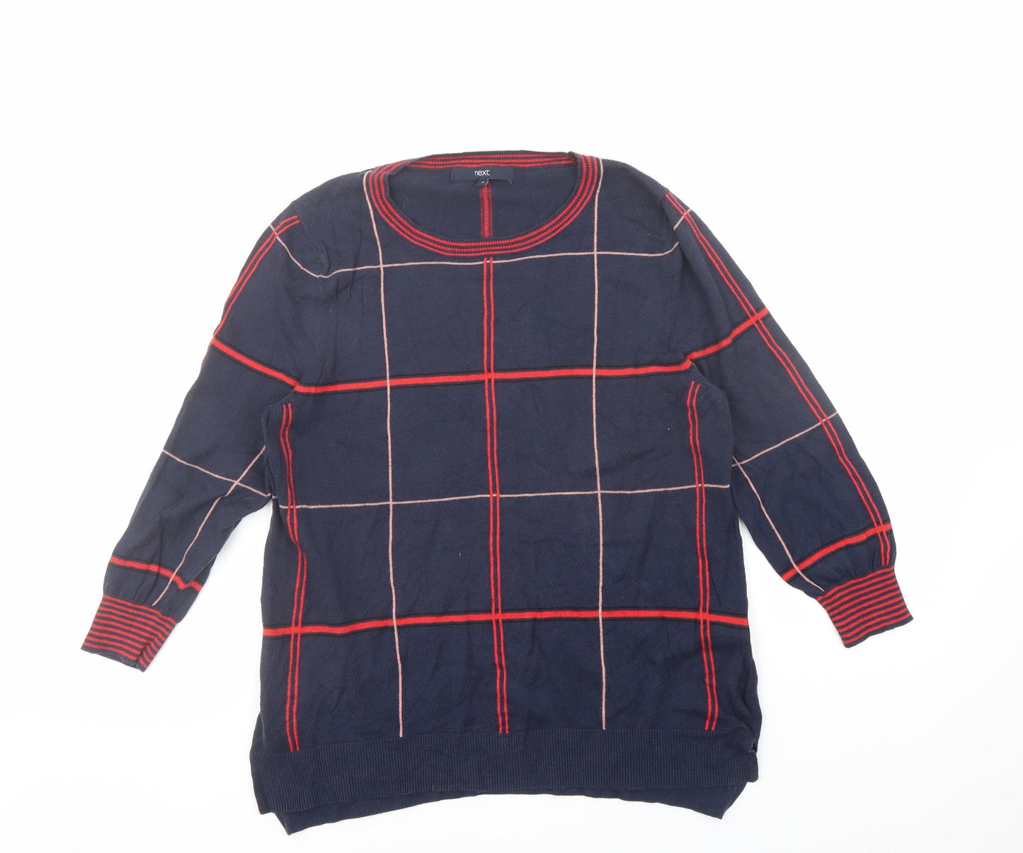 NEXT Womens Blue Round Neck Plaid Cotton Pullover Jumper Size 14